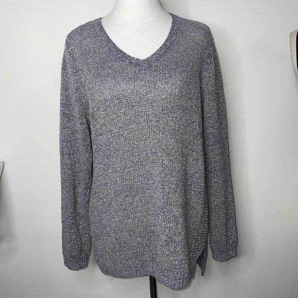 J. McLaughlin Size L Purple Linen V Neck Long Sleeve Metallic Knit Sweater - Picture 8 of 16